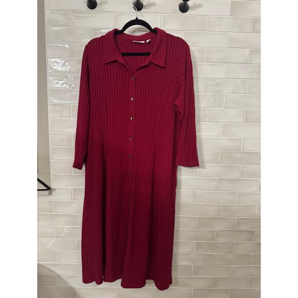 Susan Graver Large Red Ribbed Button Down Sweater Knit Midi Dress - Picture 1 of 4